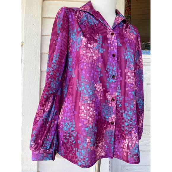 Vintage 1970s Womens Blouse Pink Purple Abstract Print - Picture 12 of 14